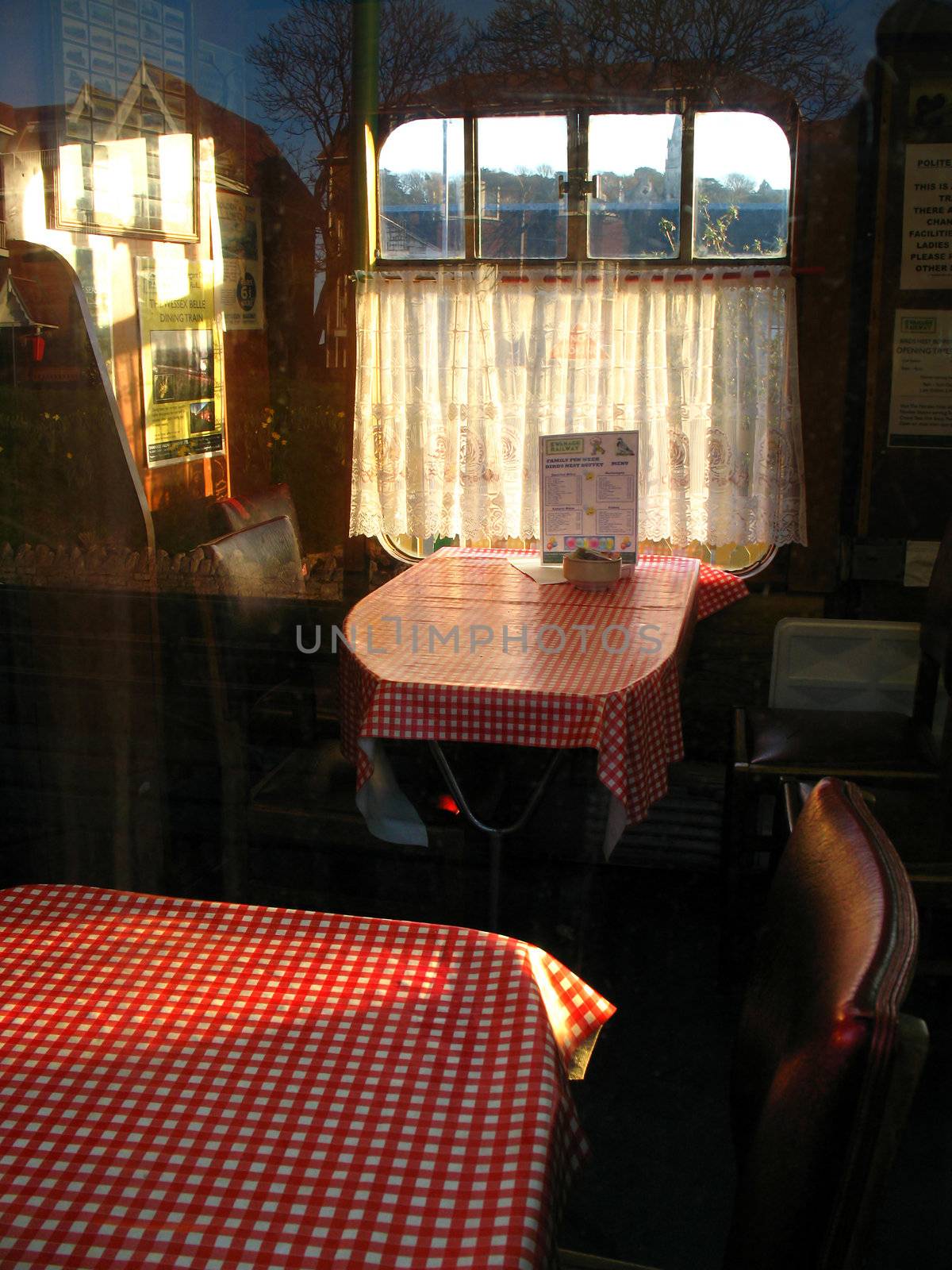 A view through the window of a Dining Carriage at the preserved Swanage Railway Station, in Dorset, Britain