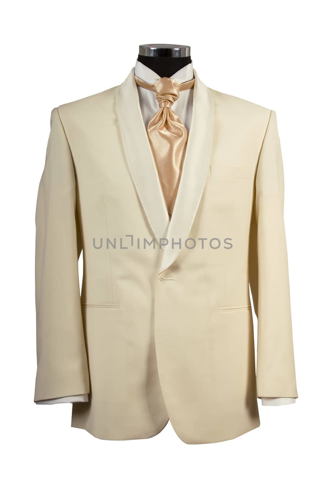 front view of withe suit and gold tie for ceremony