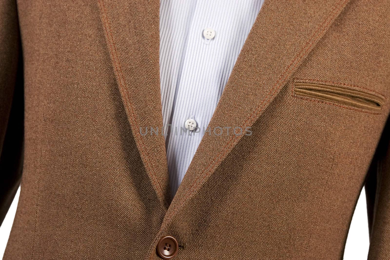 brown suit detail and striped blue shirt