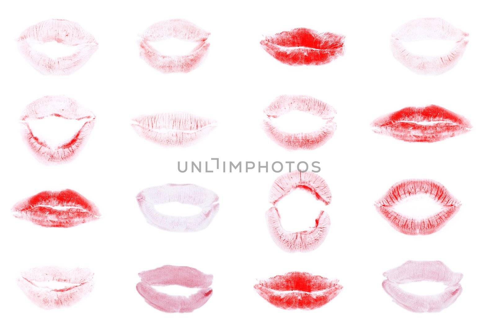 red lips mark, different expressions over white background