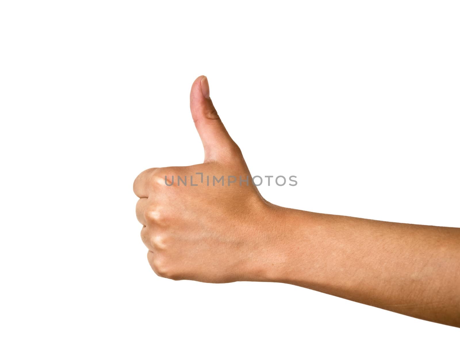 Female hand with a raised thumb. Isolated on white background.