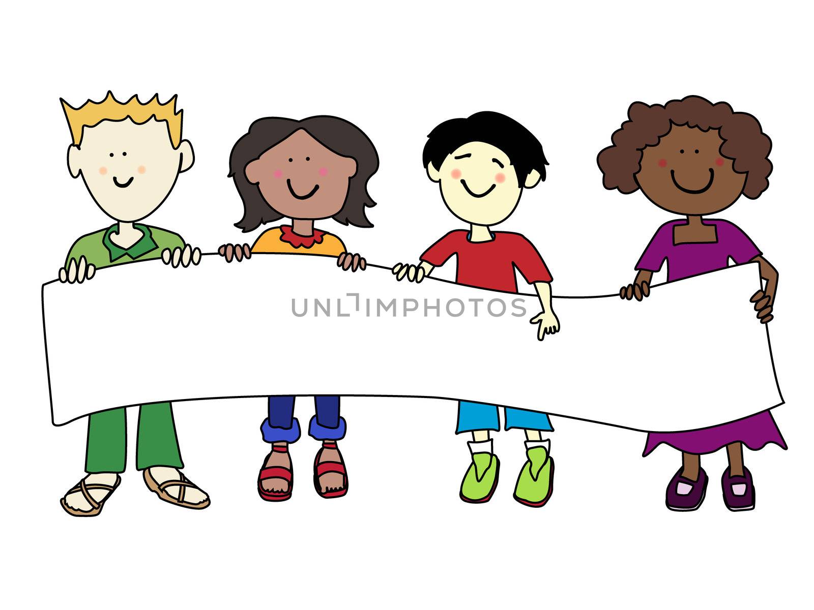 Multicultural cartoon kids holding a very large white banner ready for your text.