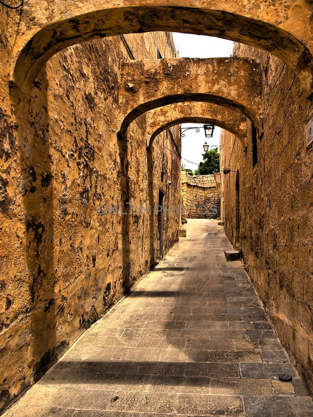 One of the medieval streets in the citadel in Gozo in HDR