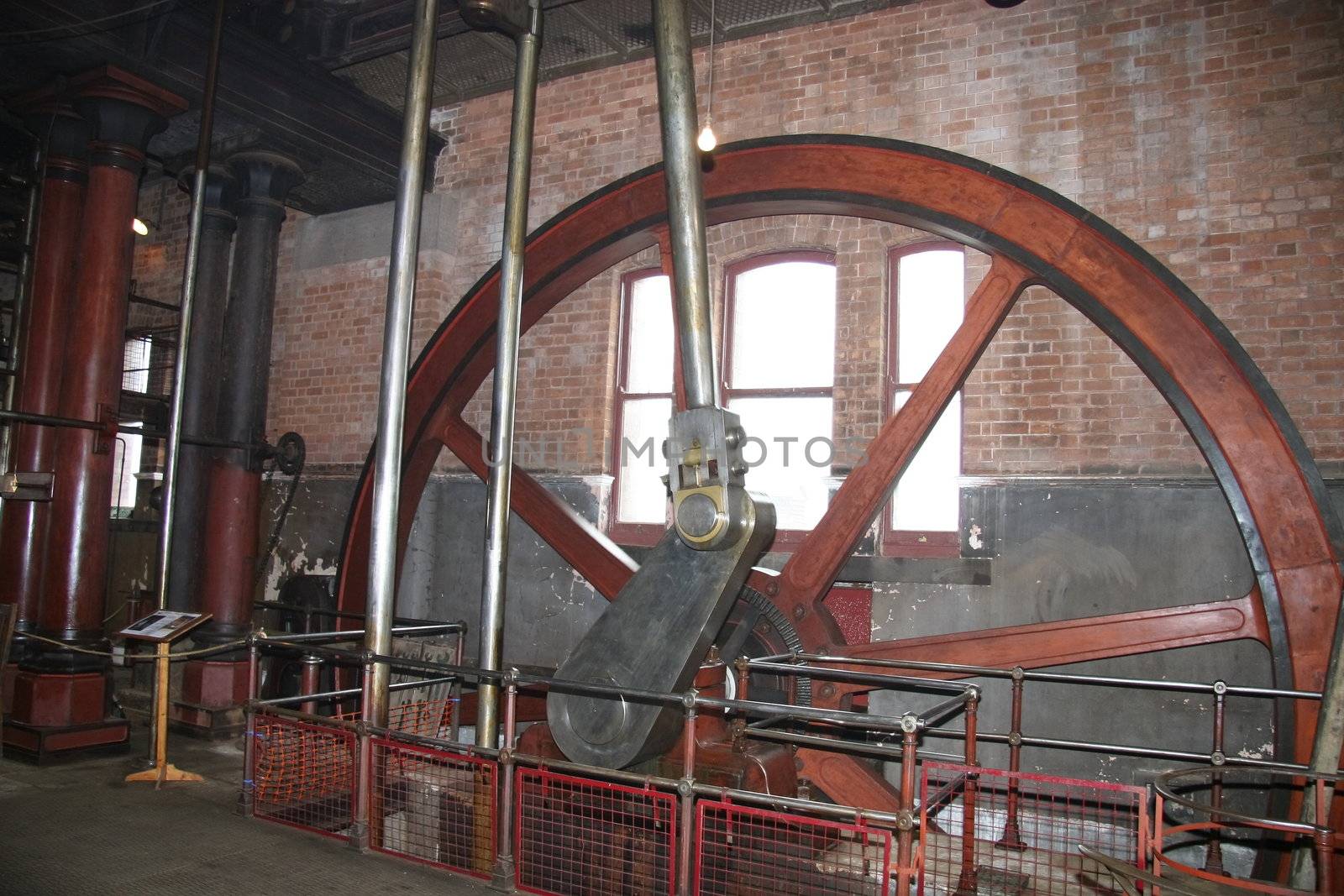 restored pump wheel driven by steam to move pump water for the water board