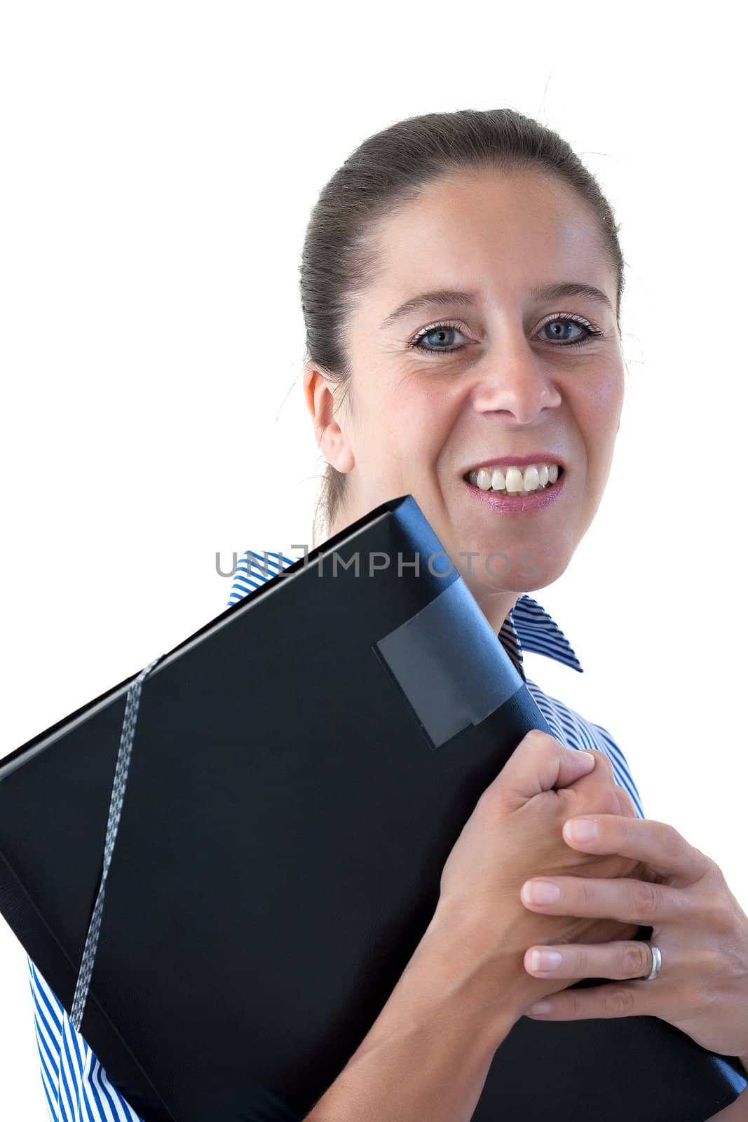 Middle aged business woman smiling holding a black file on a white background