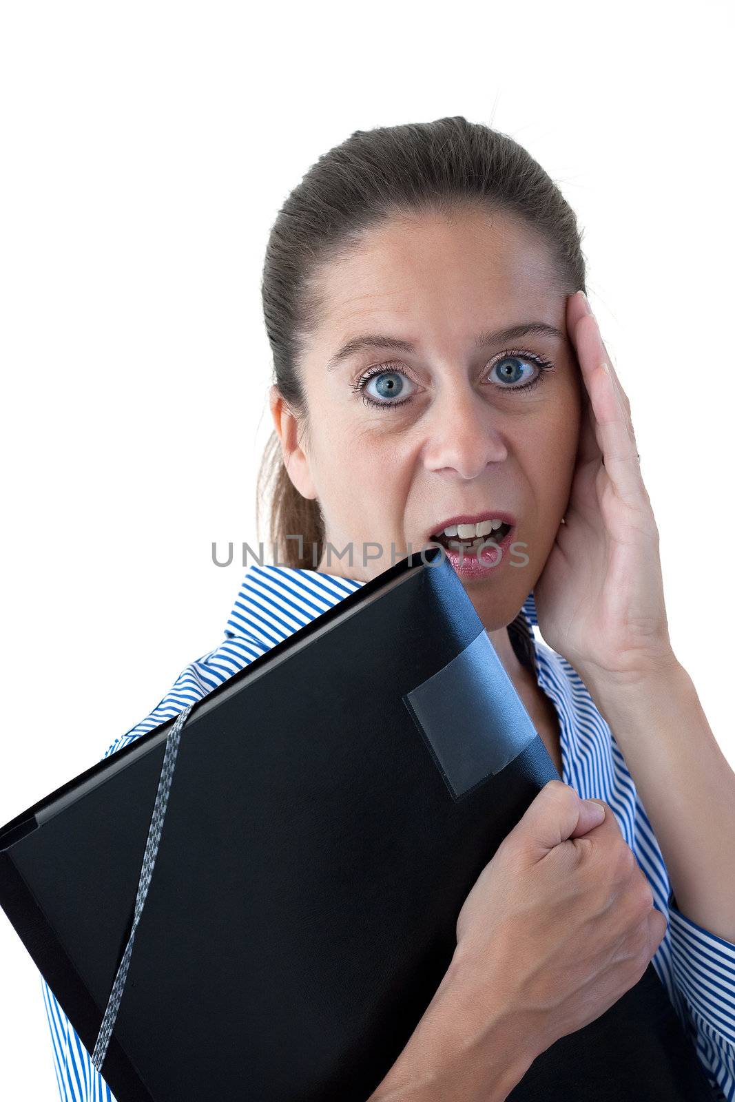 Middle aged business woman looking shocked holding a black file on a white background