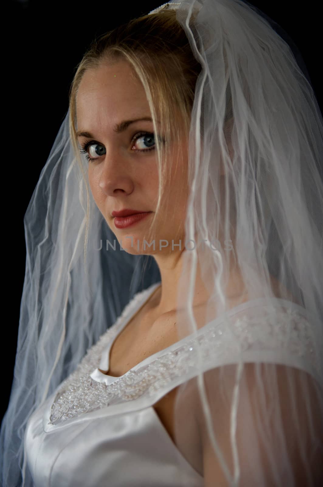 Beautiful blonde bride in extravagant veil and wedding dress on black background.