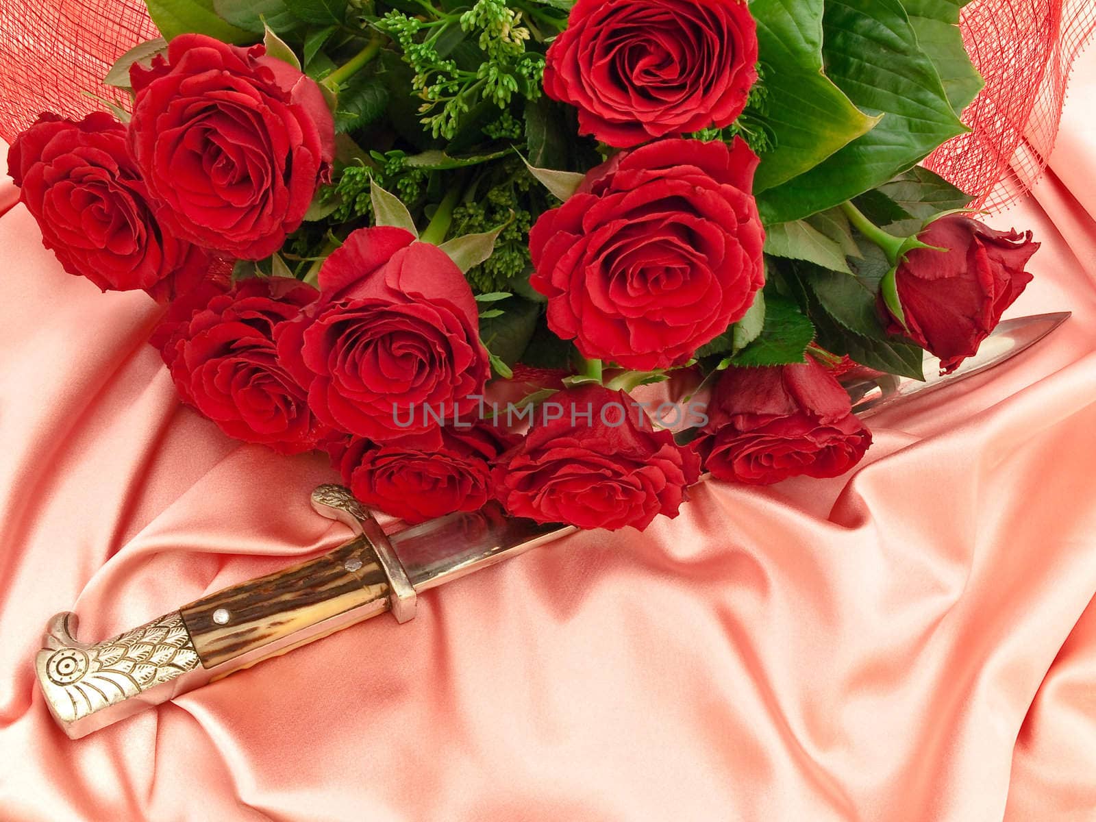 dagger near the red beautiful roses on a pink silk fabric 