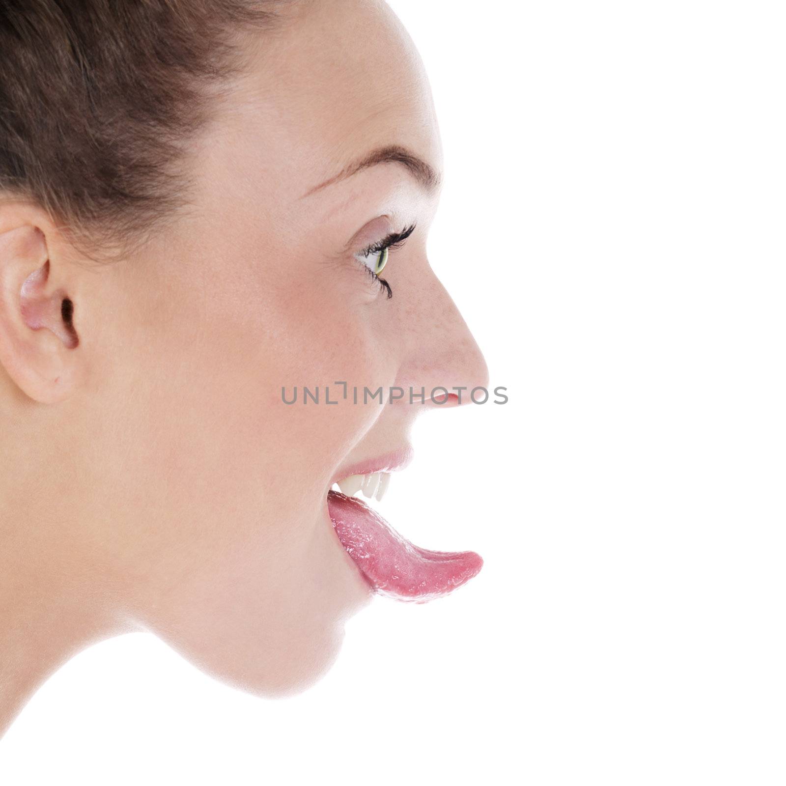 Young woman with opened mouth and long curved tongue. Isolated over white background