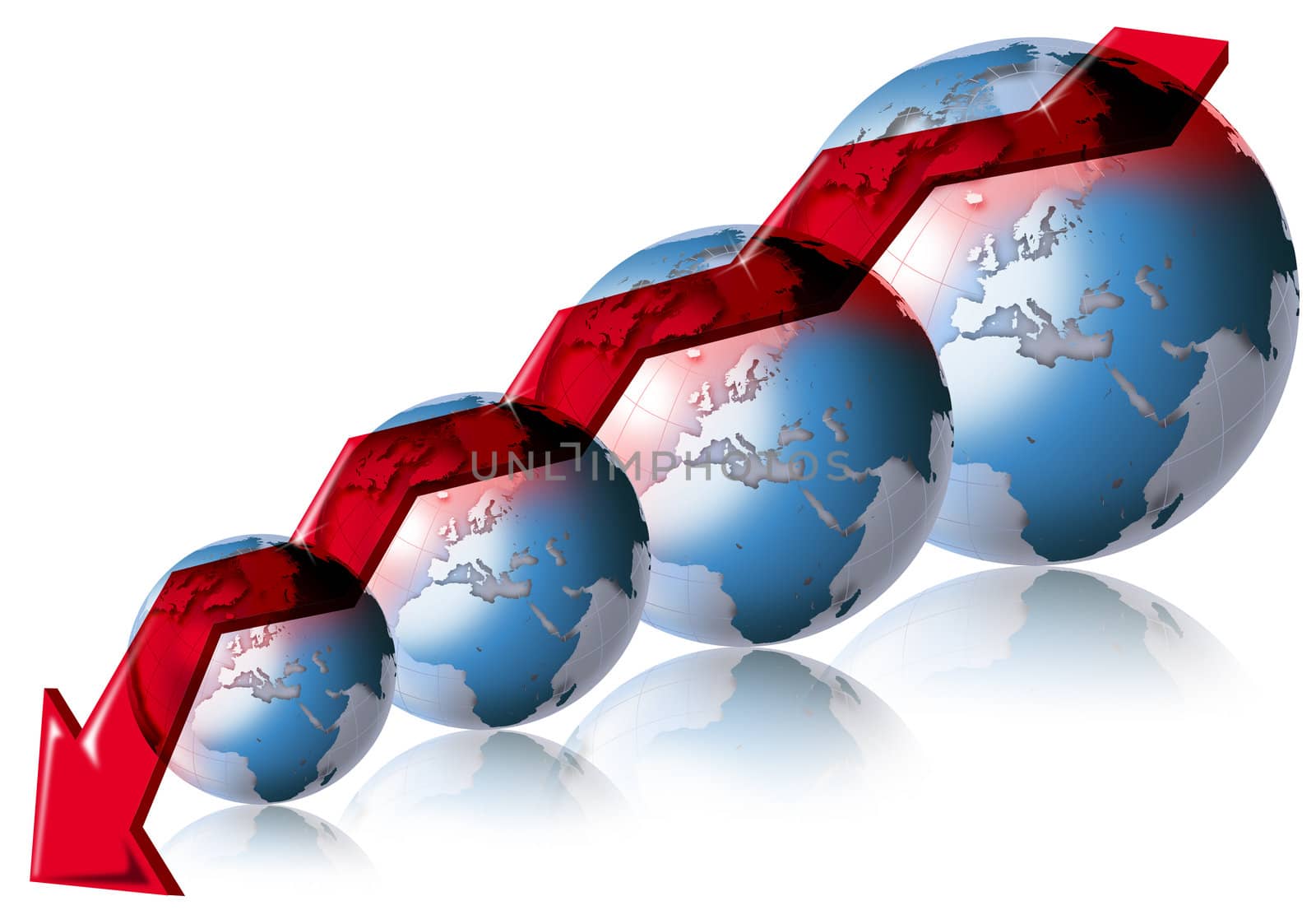 Diagram negative trend of the world market with 5 globes and green arrow