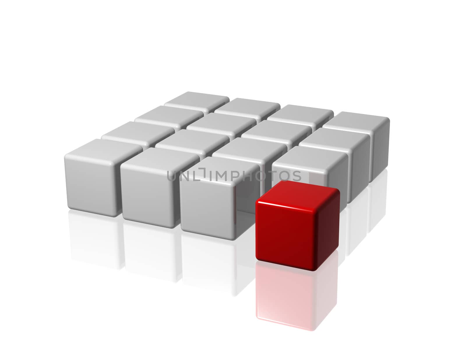 arranged 3d white-grey cubes with one red in front of the group