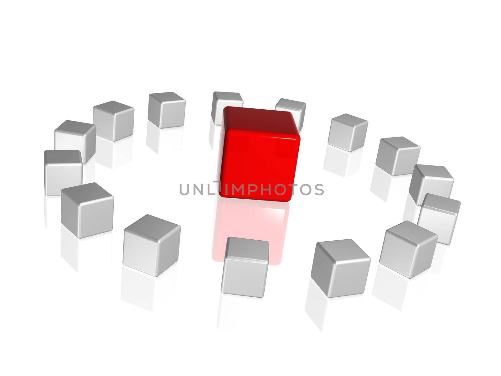 circle of 3d white-grey cubes with one red in the middle