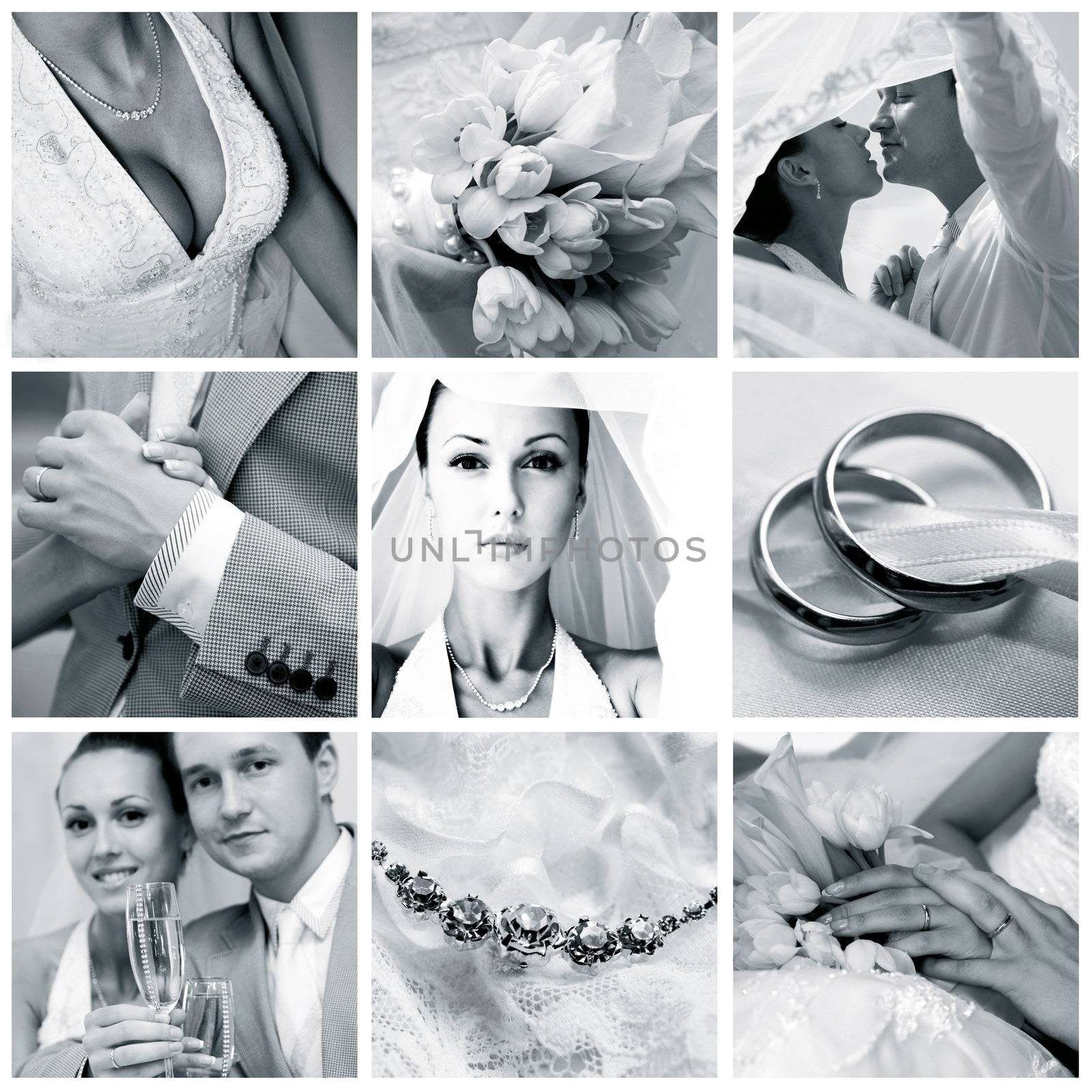 Collage of nine wedding photos by friday