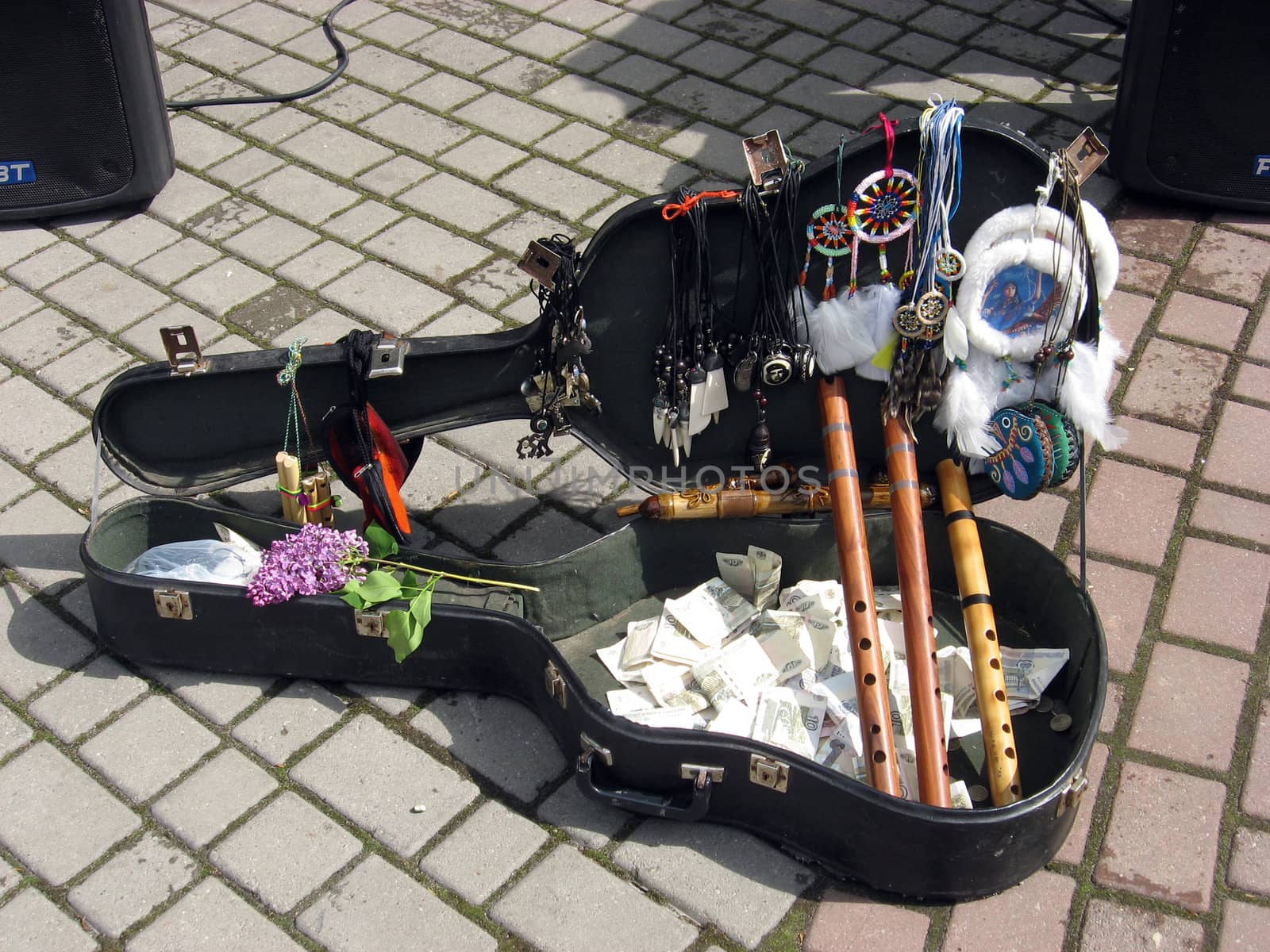 Case of a guitar with musical instruments and money