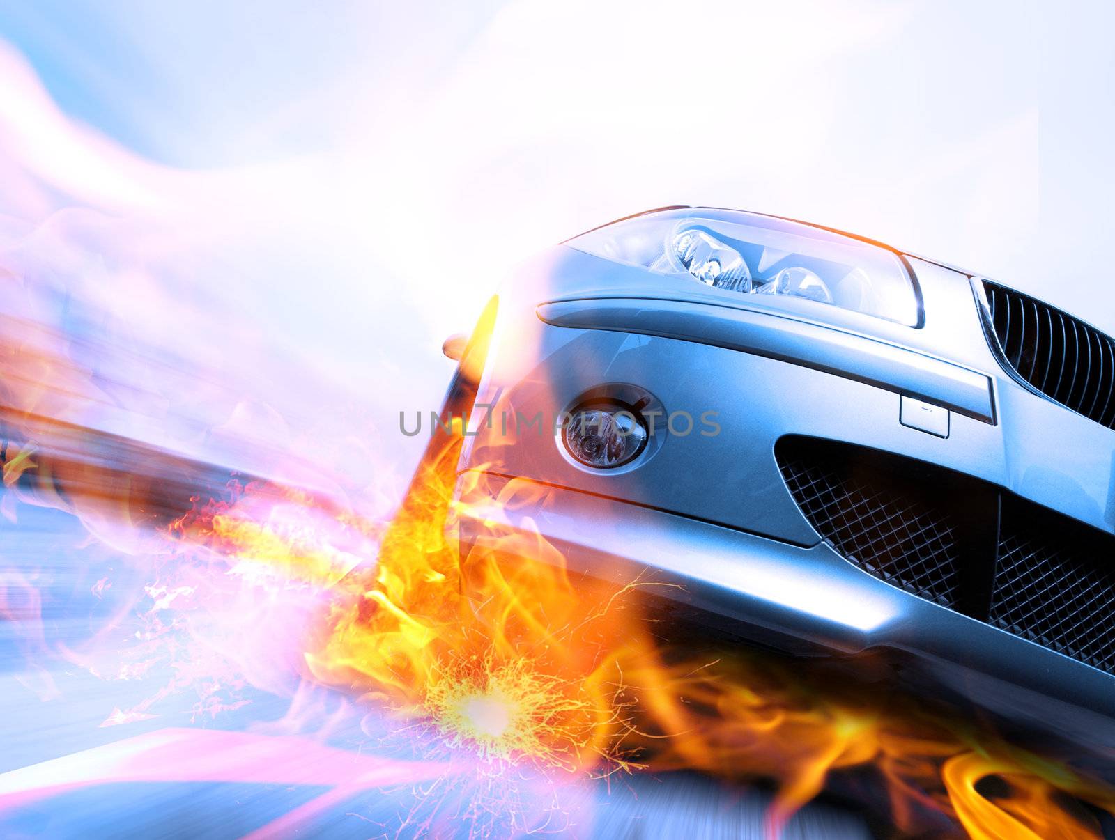 Fast car moving with motion blur with fire burning tires