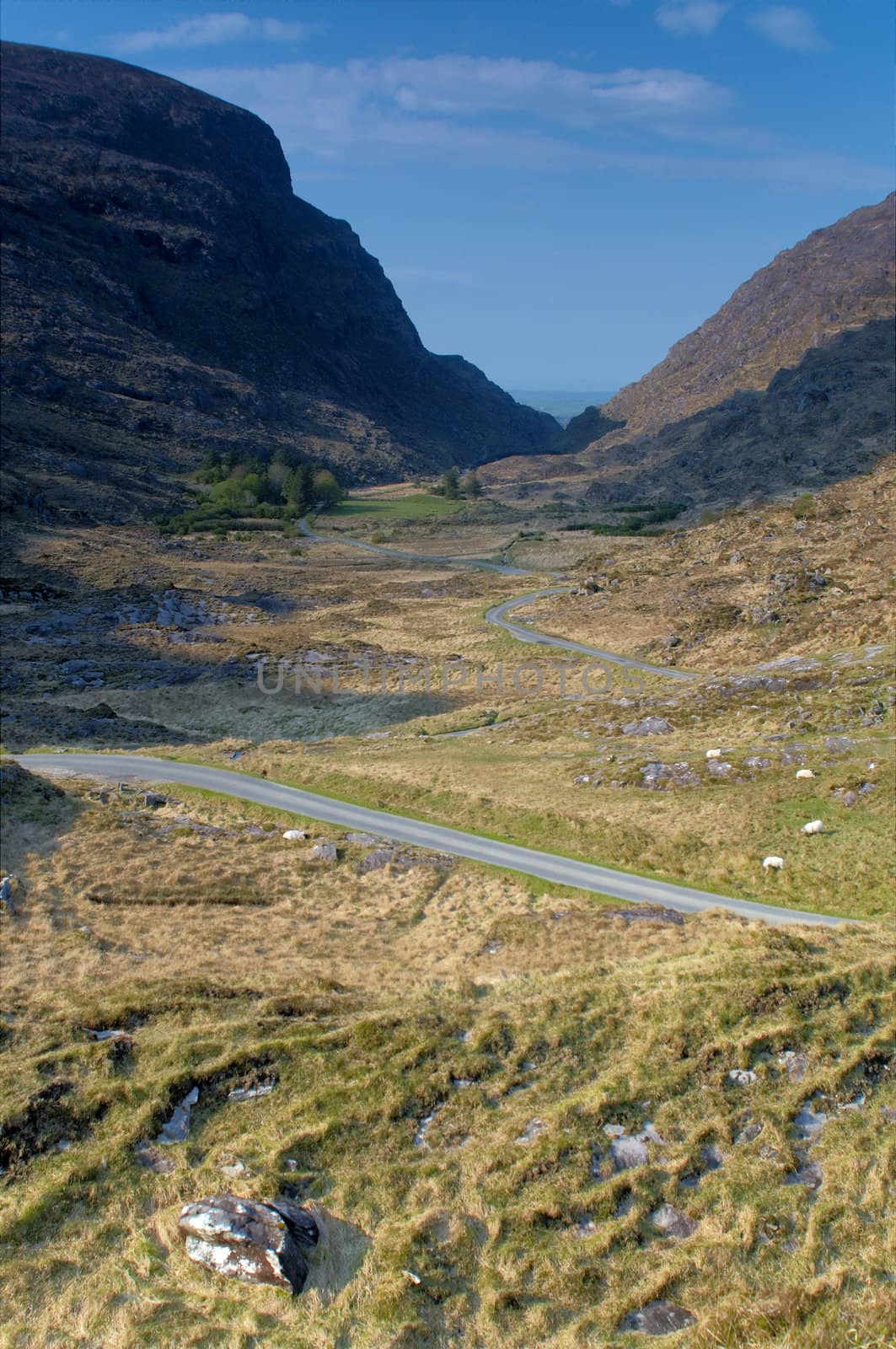 Road going down the valley heading to Gap of Dunloe, Ireland