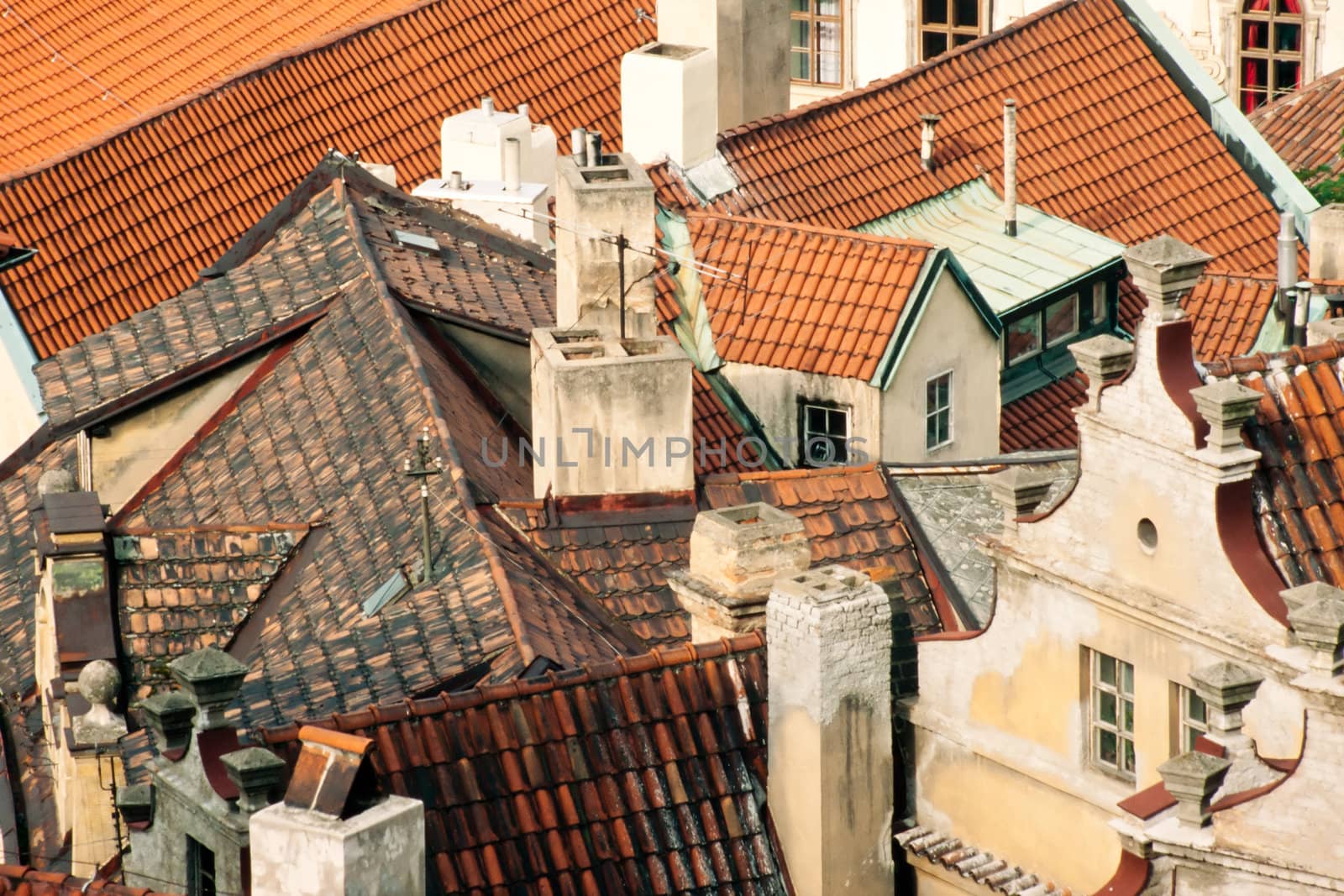 Old houses with shingled roofs in Prague, Czech Republic, Europe