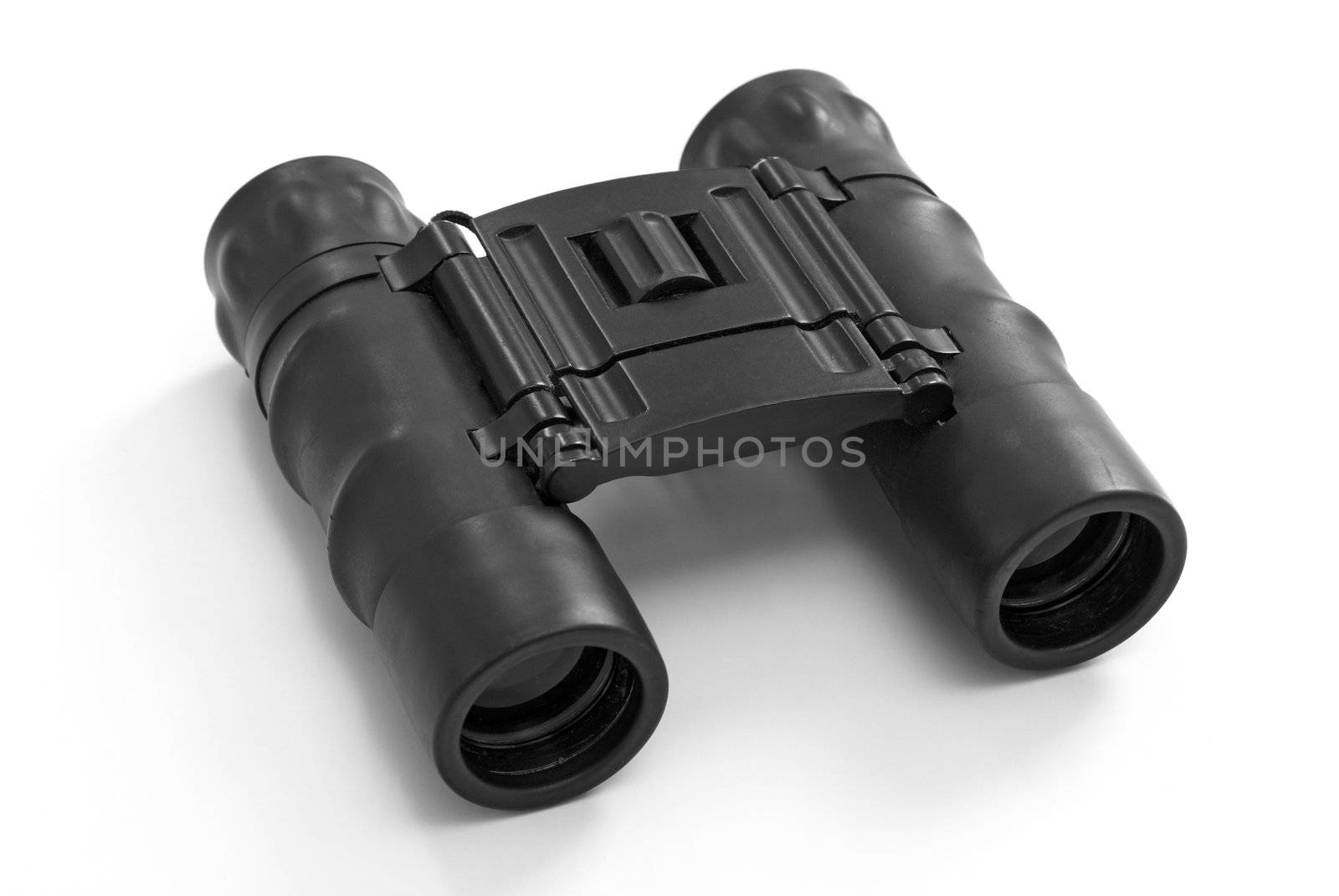 An isolated set of modern black binoculars.