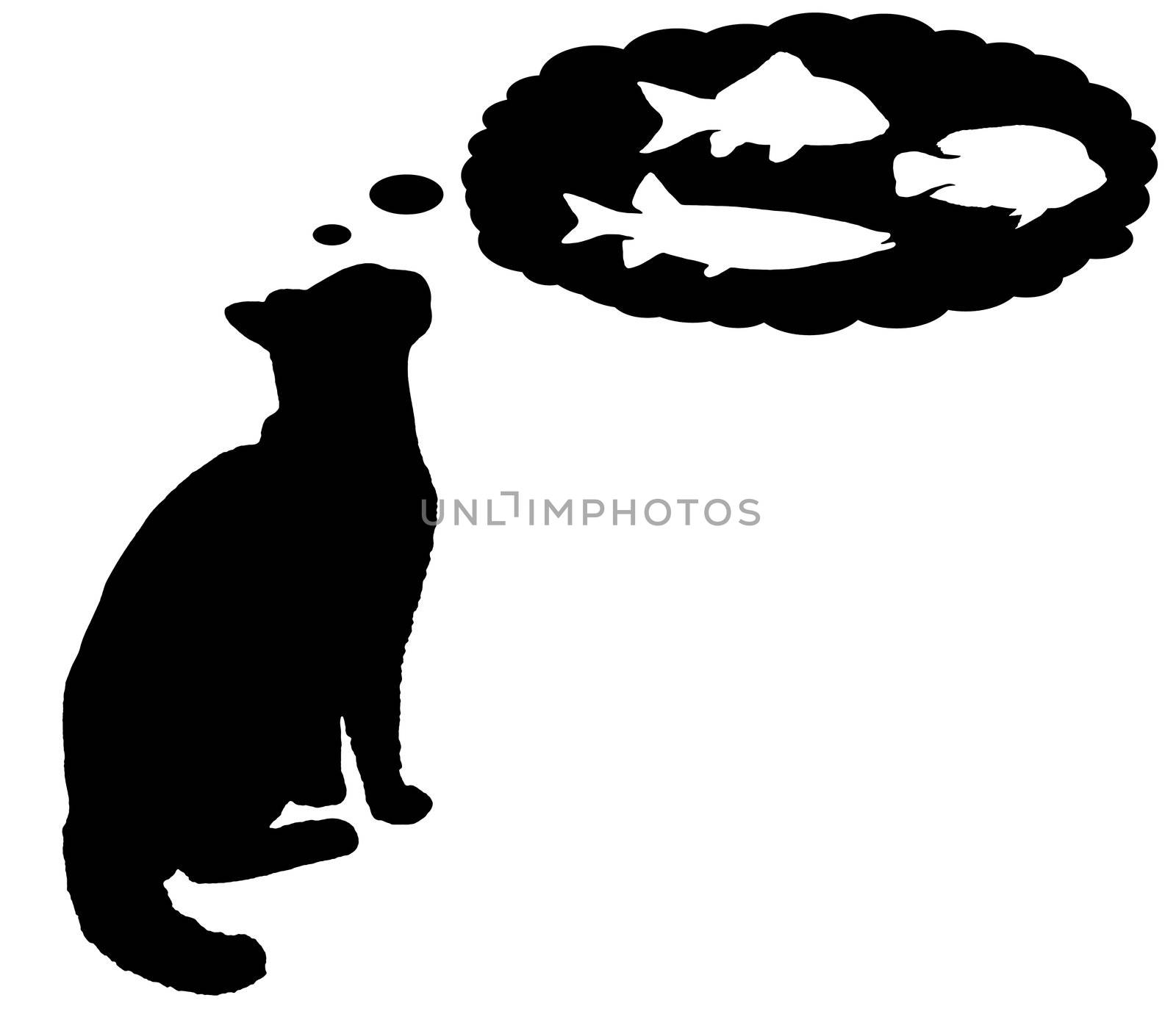 Black and white illustration of a cat day dreaming about fish