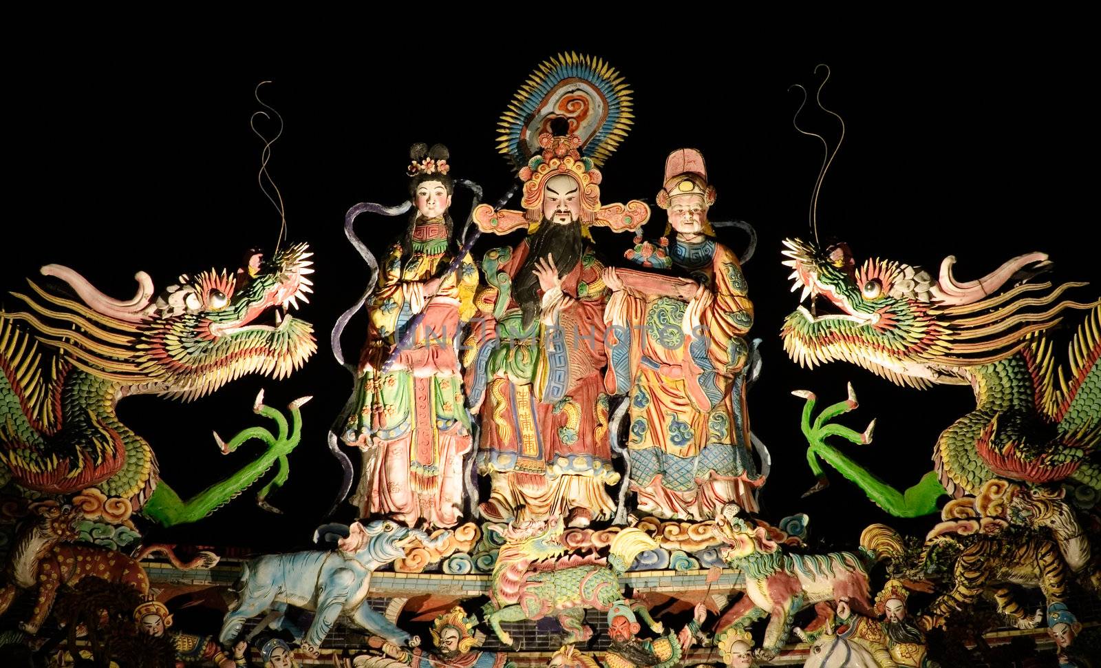 Here are chinese god with dragon in the roof.