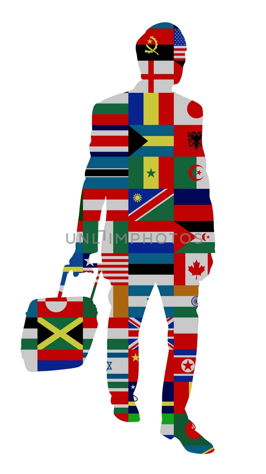 Isolated silhouette of a man pulling luggage with world flags as the texture
