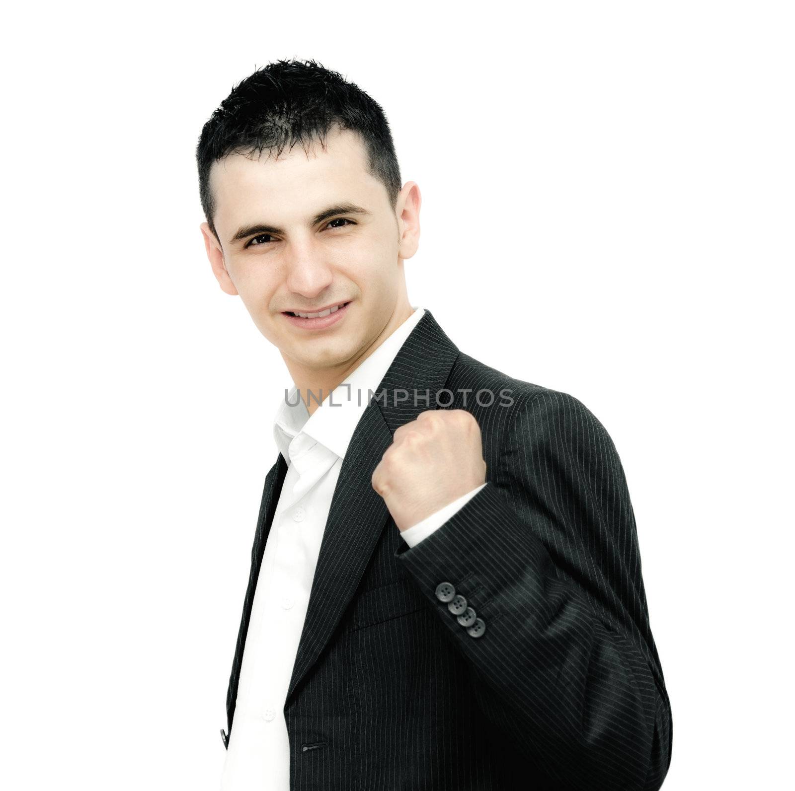 Young entrepreneur winning in  business  isolated on white background