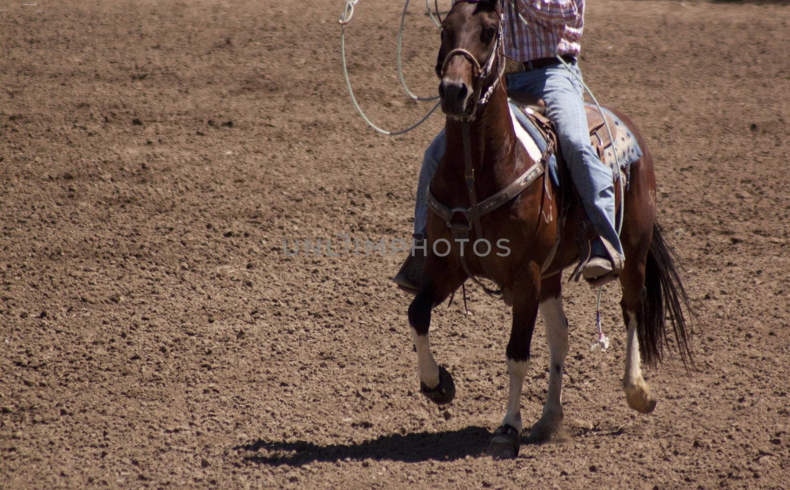 A cowbo on horse back in the middle of a dirt ranch or arena.