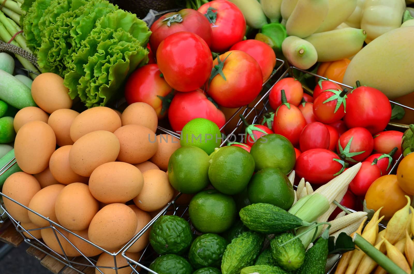 Fruits, vegetables, eggs, used as a component of the meal.