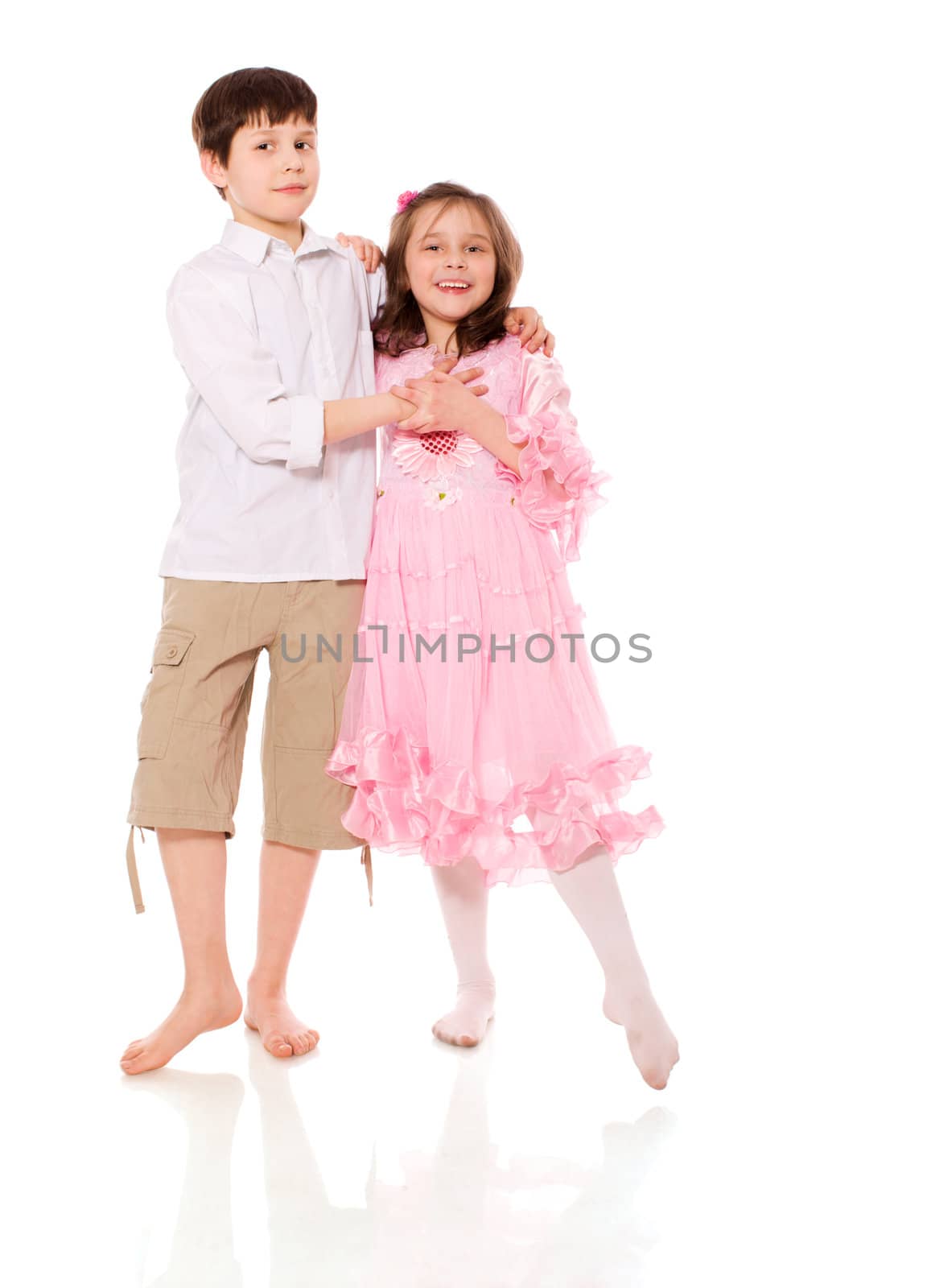 brother and sister posing together isolated on white