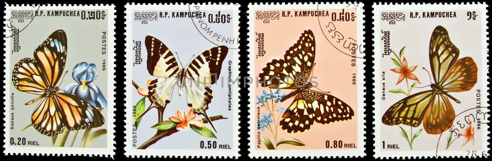 Kampuchea - circa 1986:postage stamps feature a variety of butterflies, circa 1986 in 
Democratic Kampuchea.