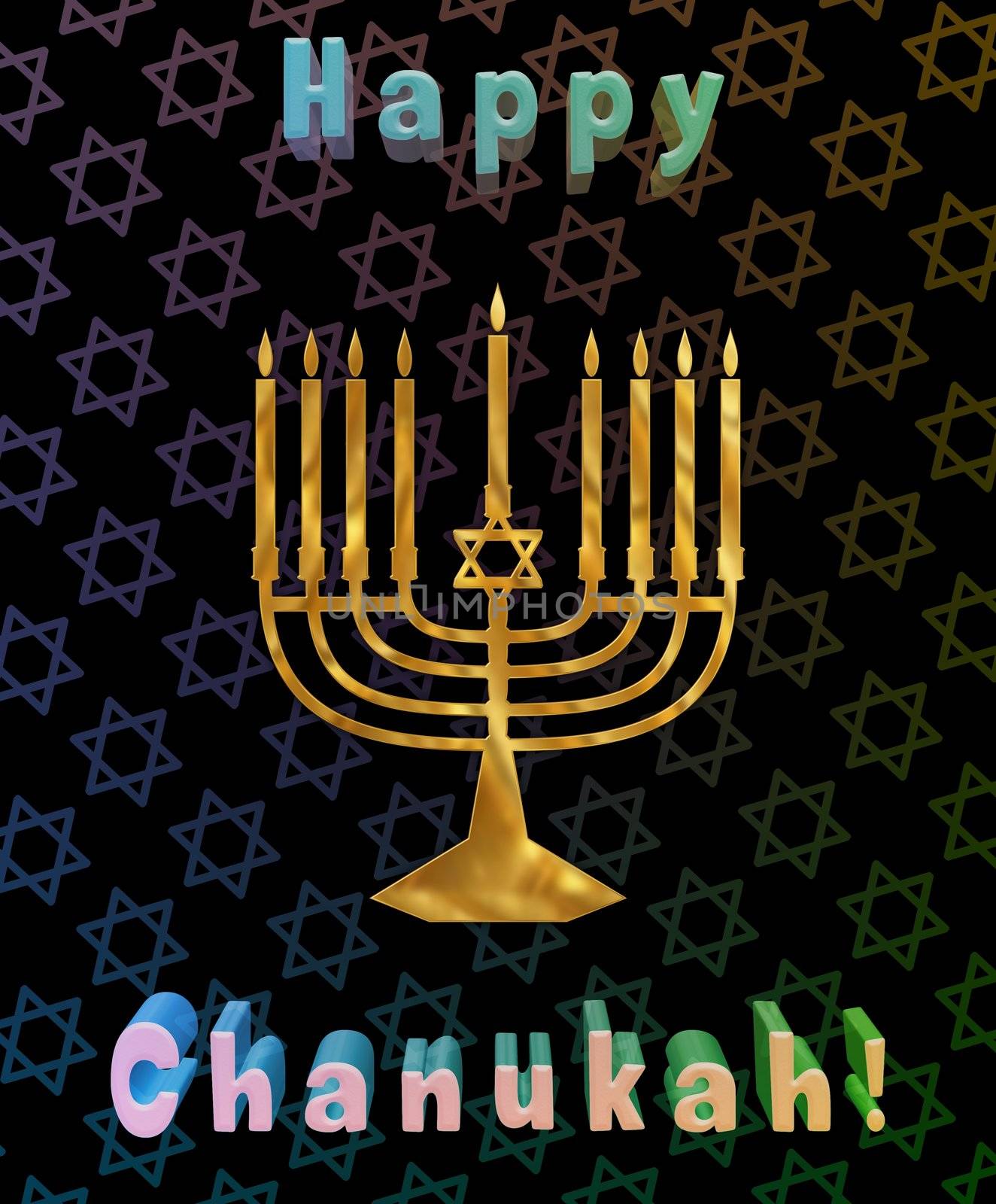 Illustration of a menorah with Happy Chanukah text