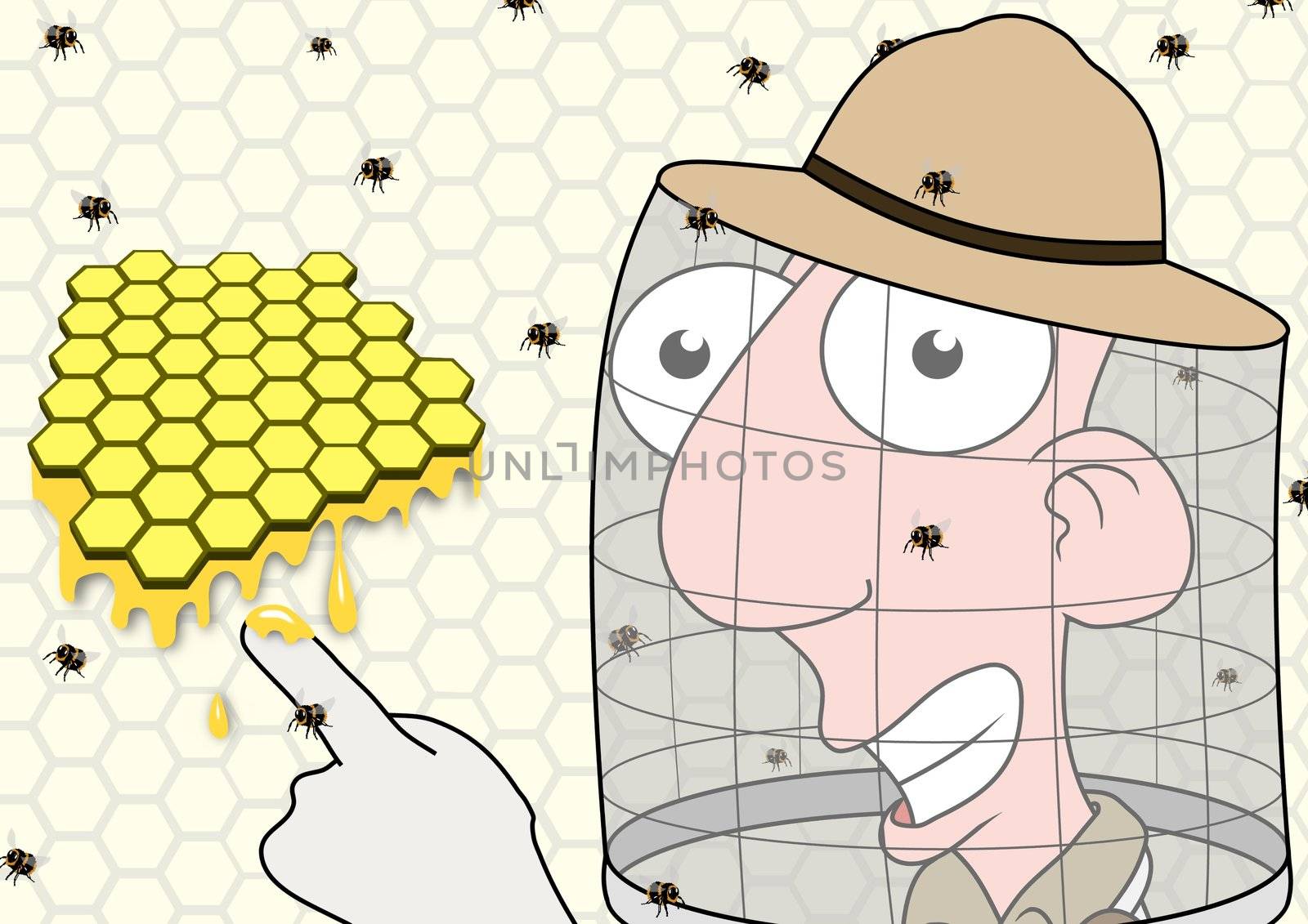 Illustration of a Beekeeper pointing at honeycomb