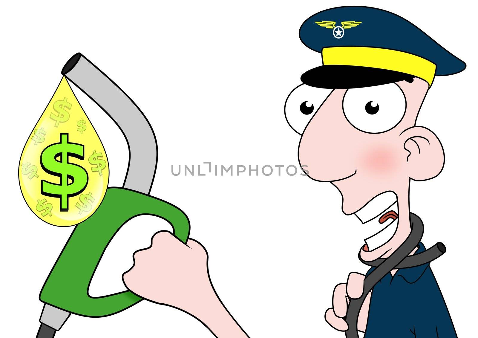 Illustration of a pilot holding a fuel pump that is choking him