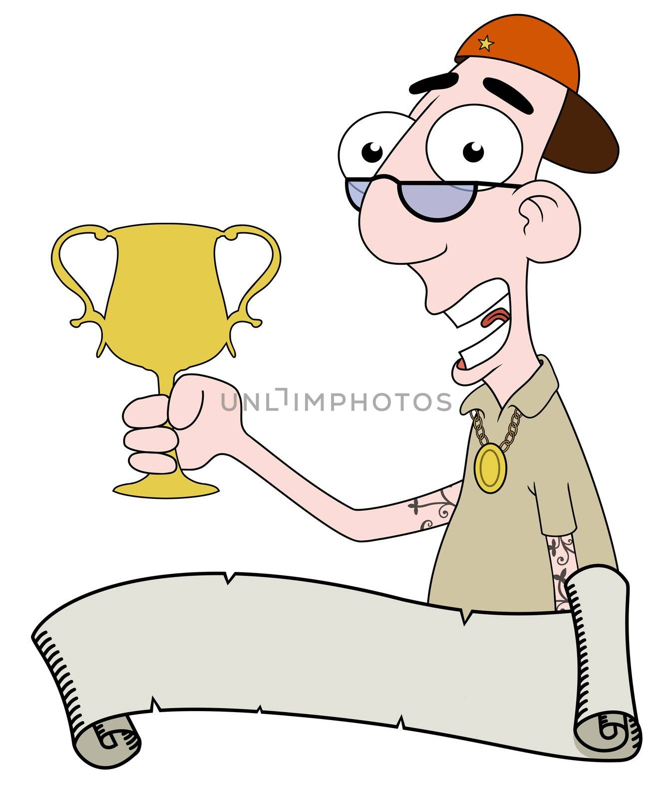 Illustrated Rap star holding a trophy with a scroll in front