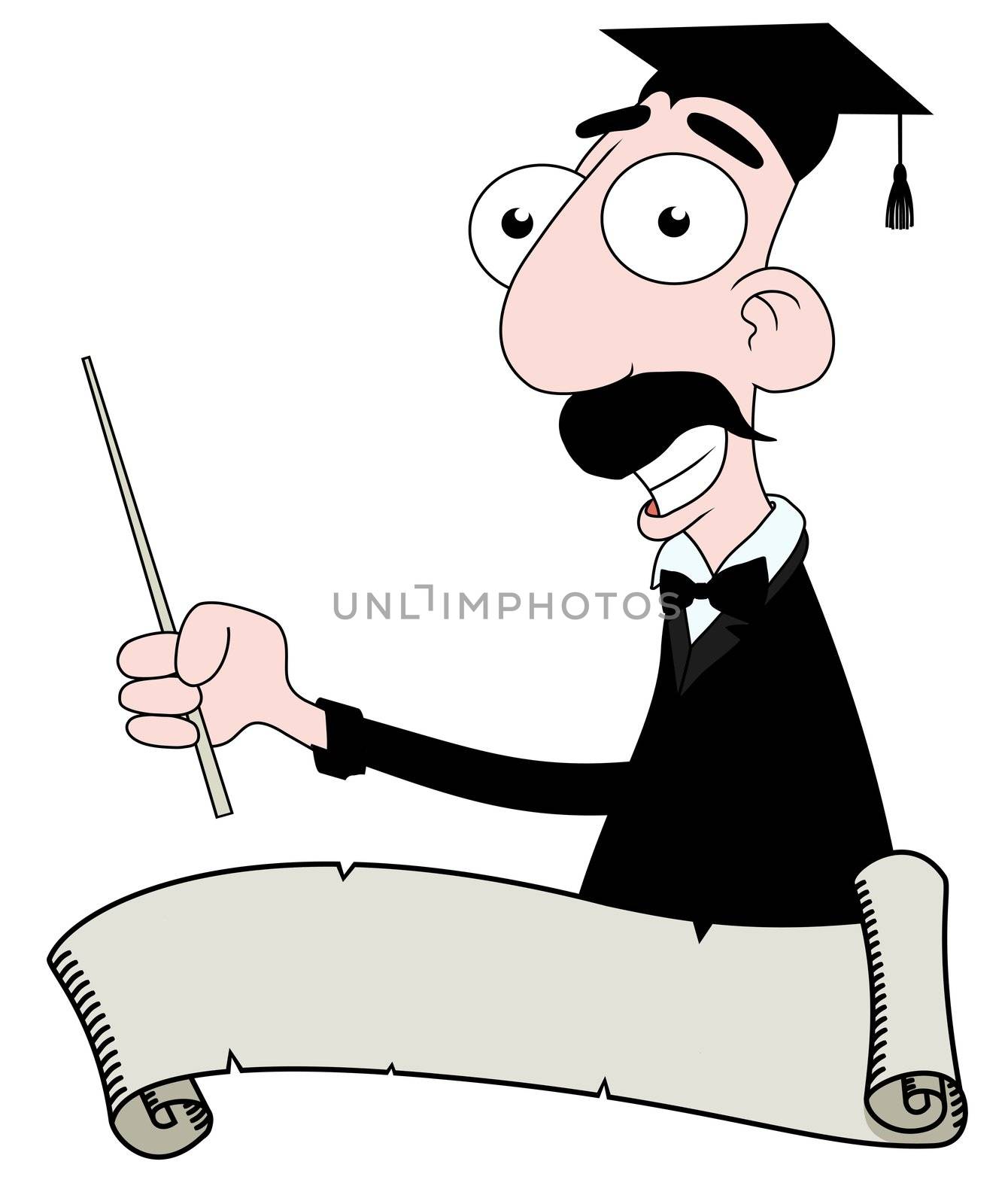 Illustrated Teacher holding a stick with a scroll in front
