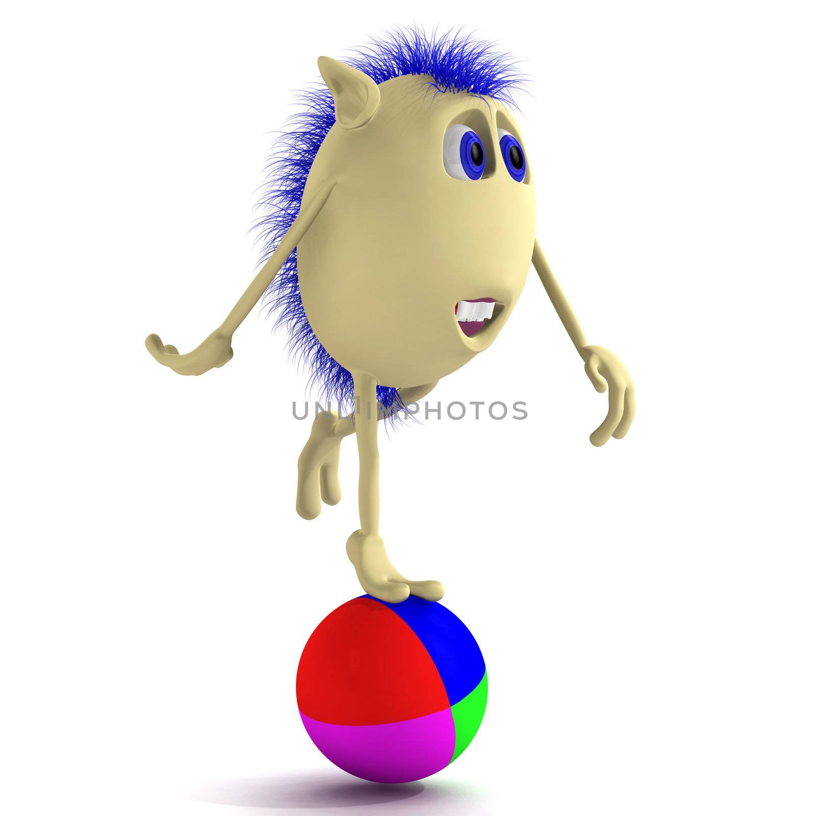 Blue haired 3D puppet balancing on colorful ball