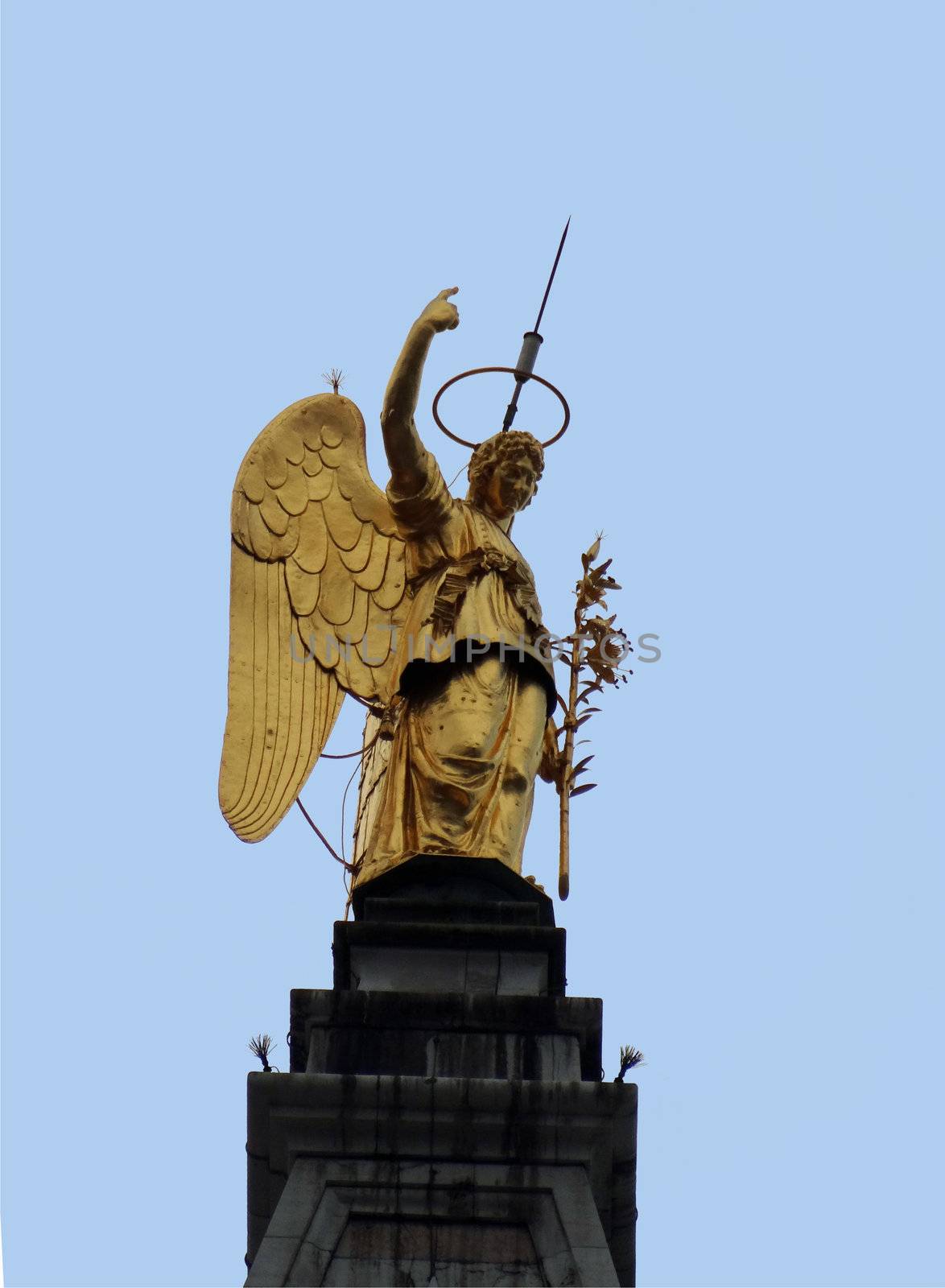 Venice with St Gabriel statue on Campanile's top on St Mark's square