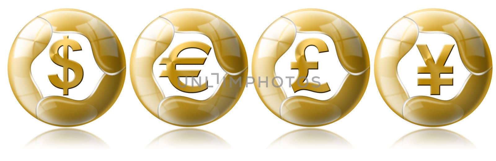 4 coins of futuristic shape representatives, the euro, sterling, dollar and yen