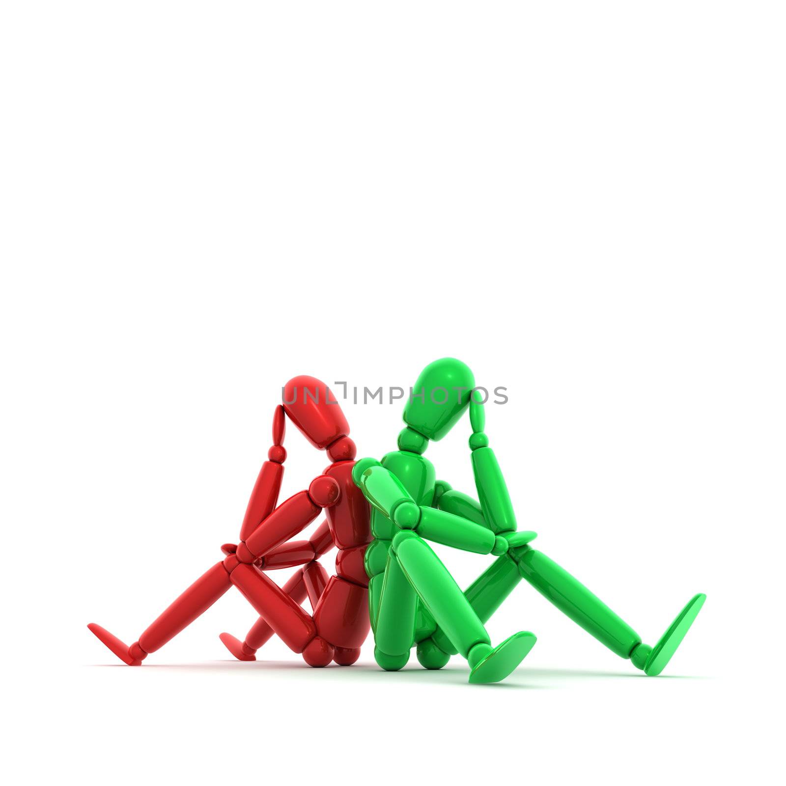 two lay figures in red and green sitting on a white ground thinking