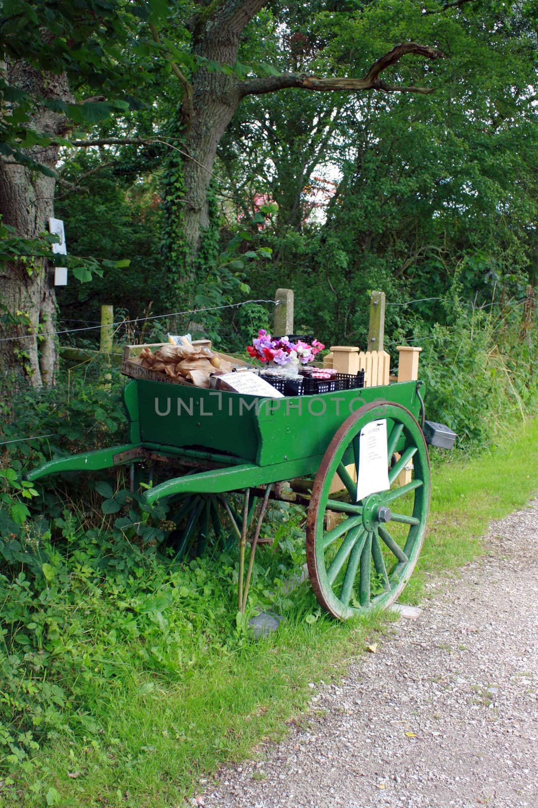 A green wooden push cart located at the side of a stone track selling garden produce from a local allotment site. Located at Harmans Cross station, part of the Swanage Steam Railway network in Dorset UK.