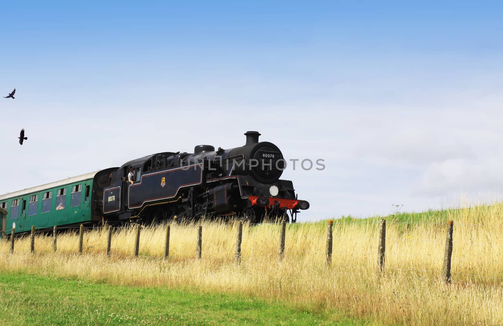 A steam engine pulling a passenger carriage on the track along the Swanage railway network. Location in Dorset UK.