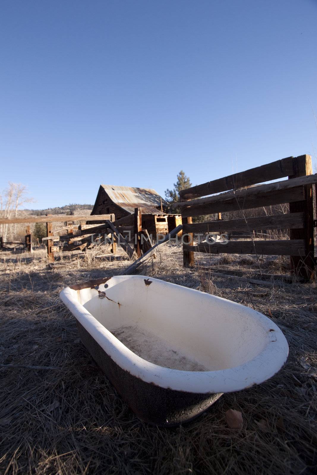 and old wash tub in the middle of a farm