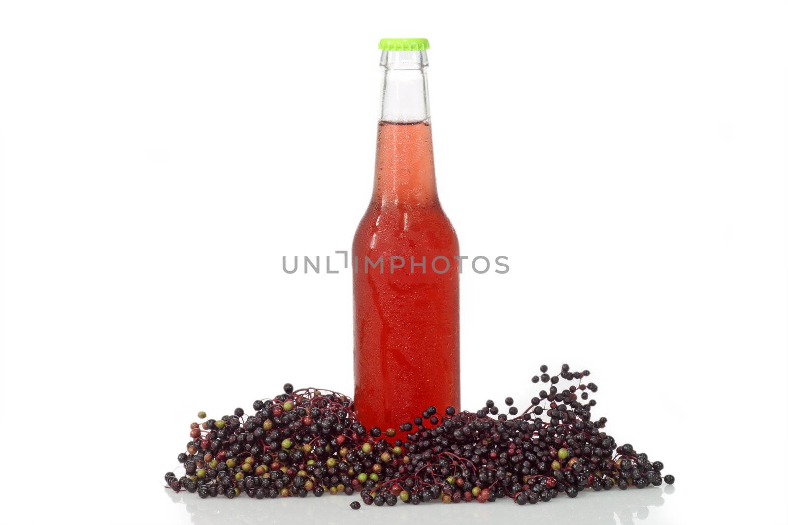 Bottle with american elder lemonade isolated on white background