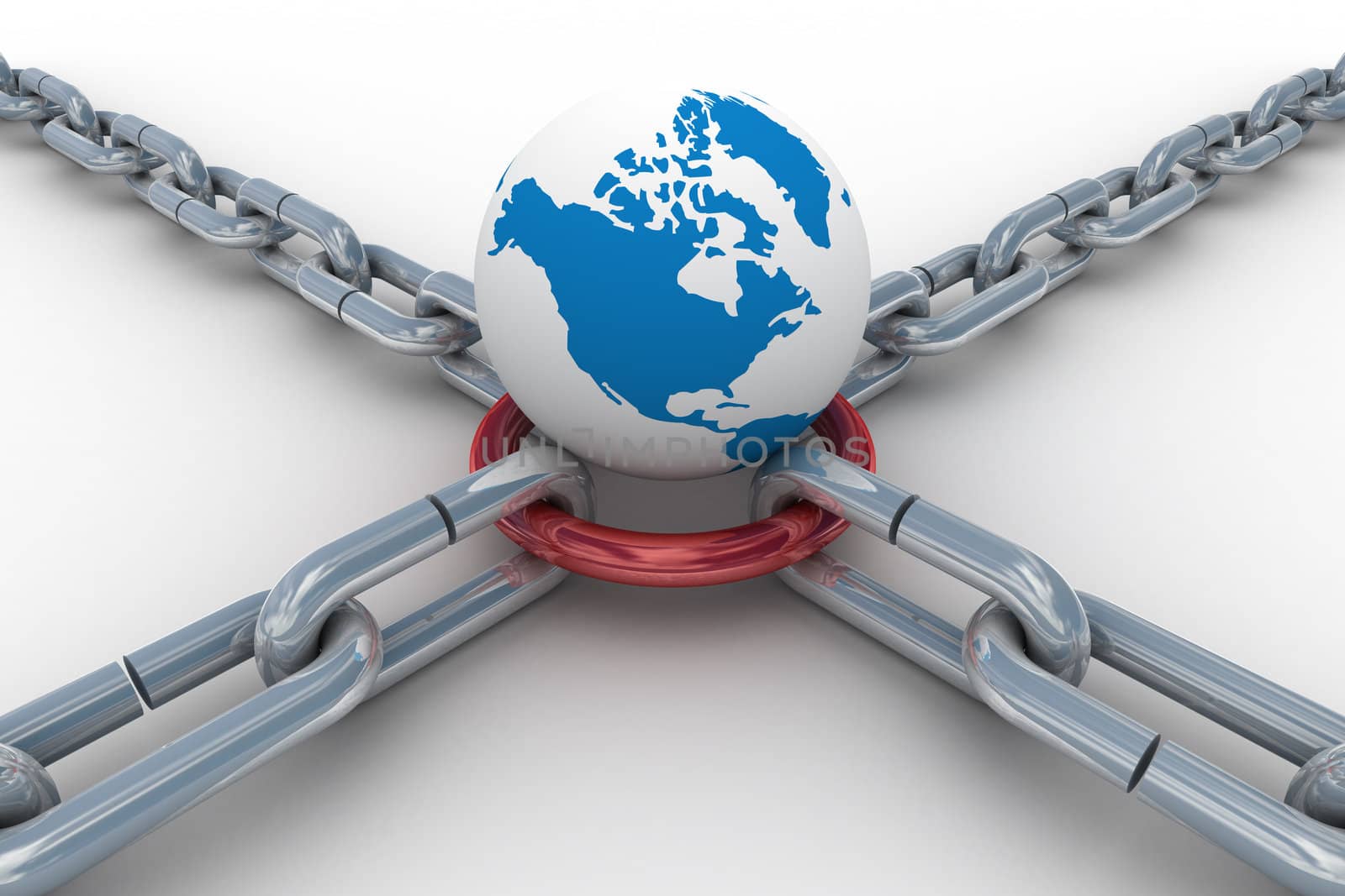 Chain fastened by red ring. Isolated 3D image