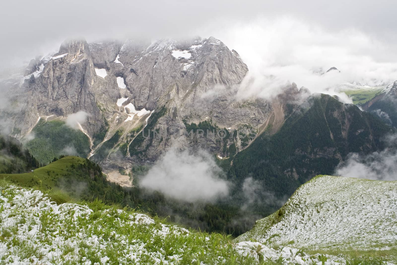 off season snowfall  in val di Fassa, italian dolomites.