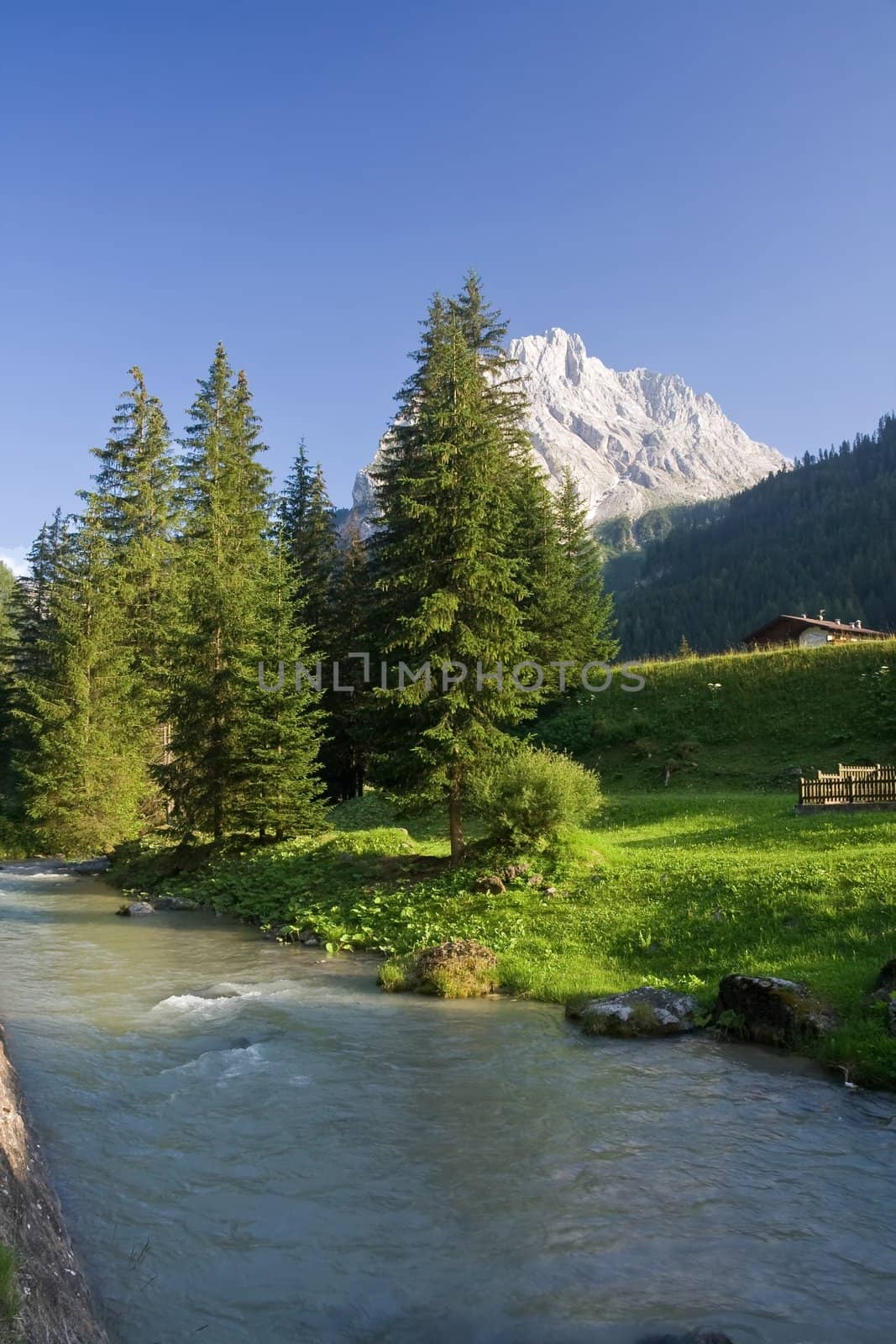 summer view of Avisio river in Val di Fassa, italian dolomites