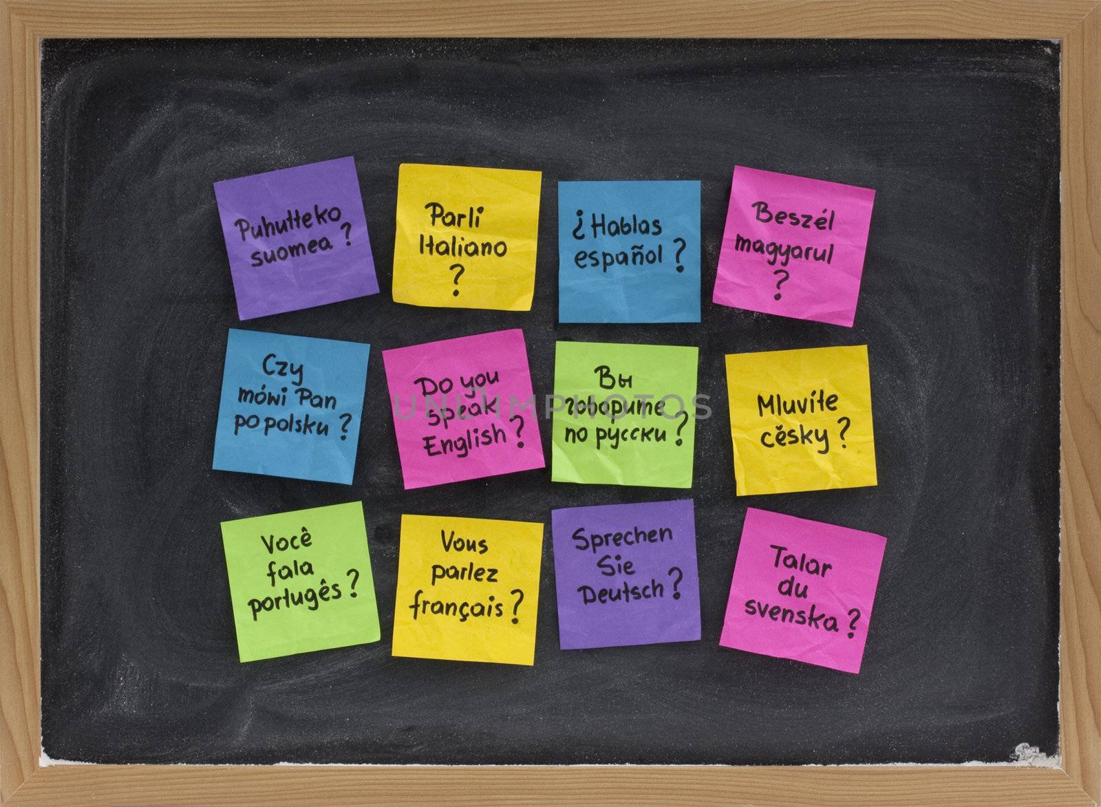 Do you speak question in dozen of languages - colorful sticky notes on blackboard with white chalk smudges