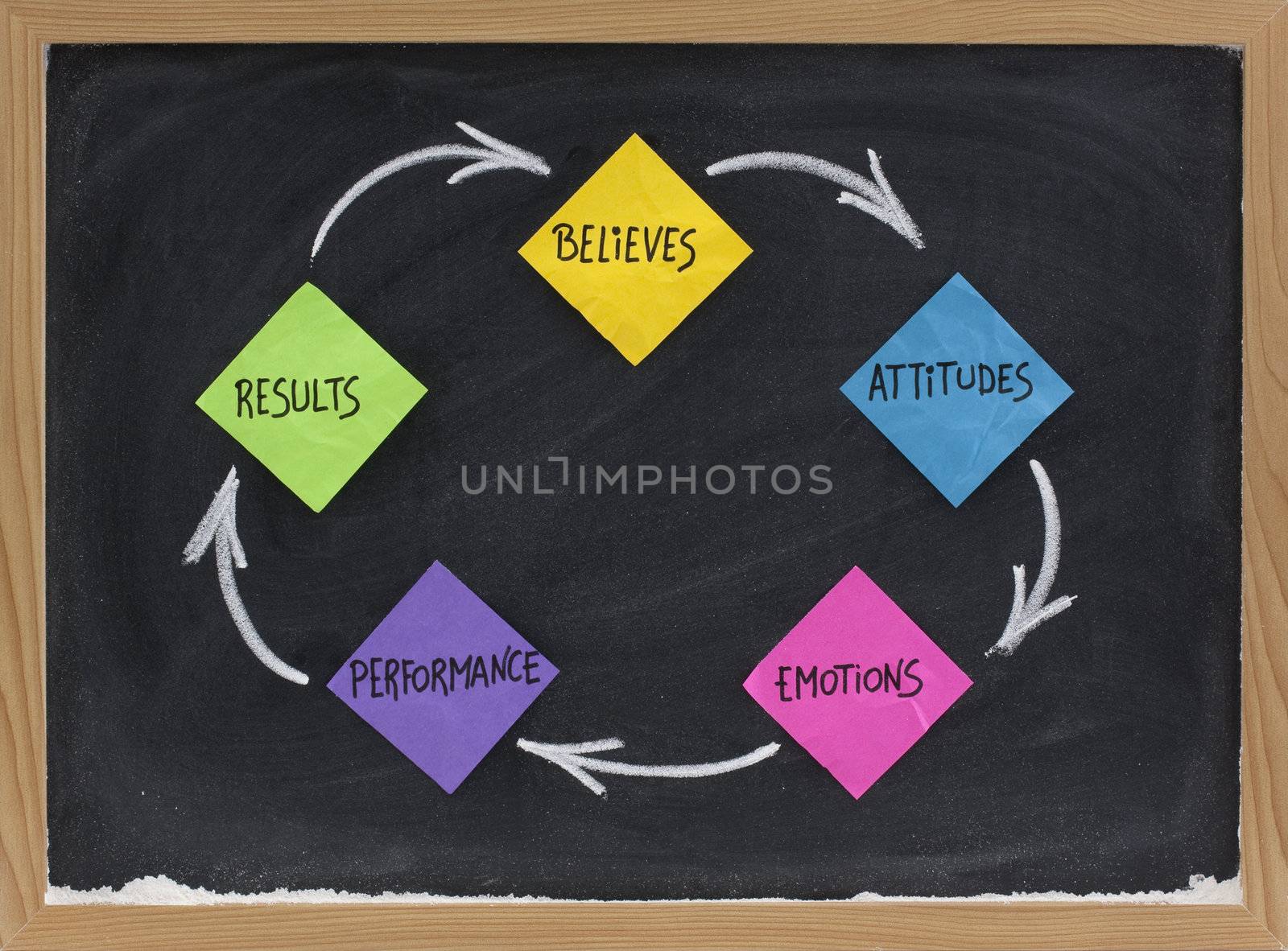 believes, attitude, emotions, performance, results feedback cycle - concept presented with colorful sticky note and white chalk on blackboard