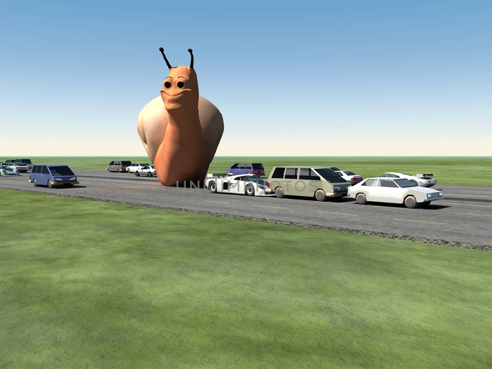 A surreal humorous image of a giant snail on a busy motorway.