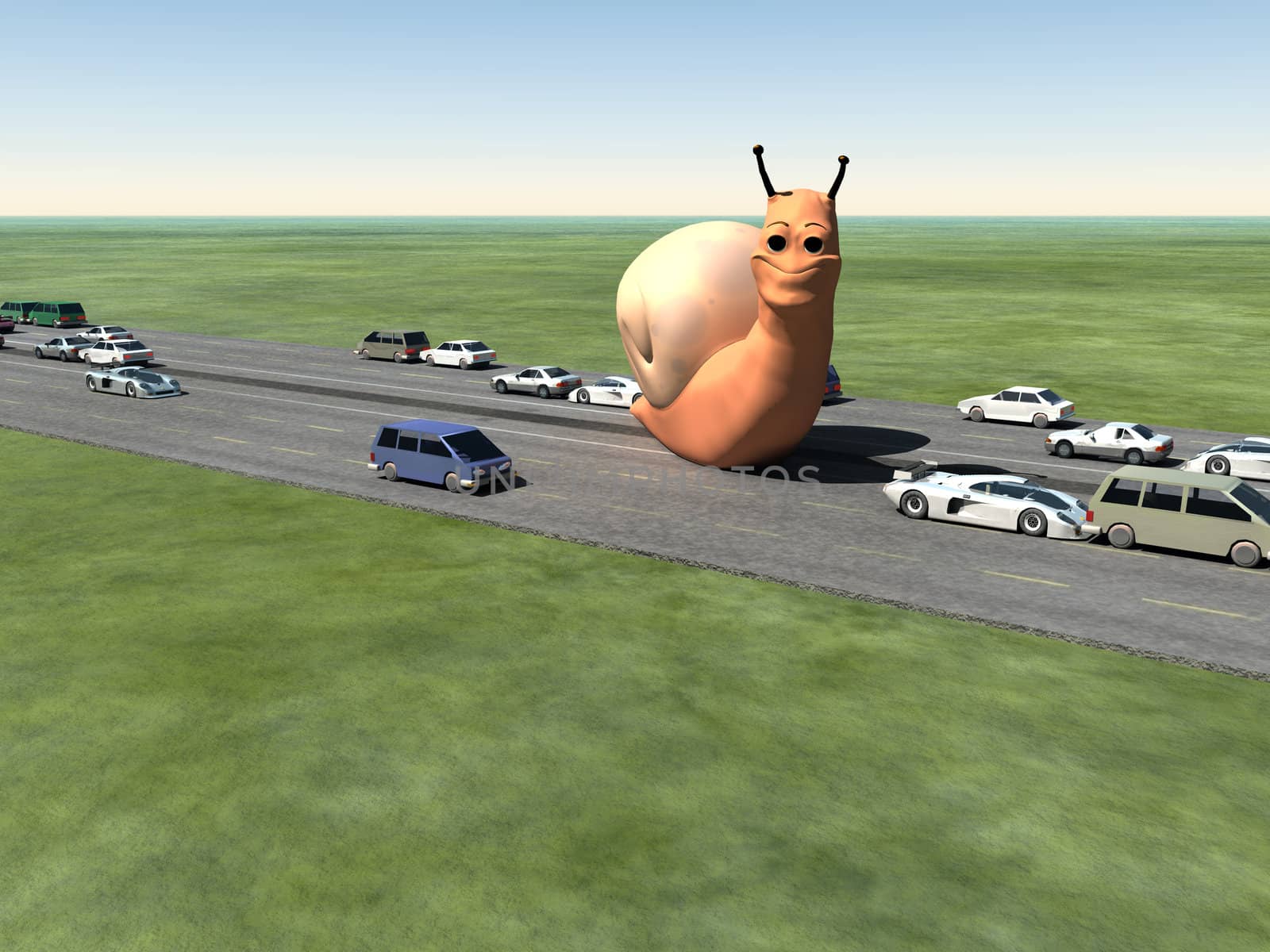 A surreal humorous image of a giant snail on a busy motorway.